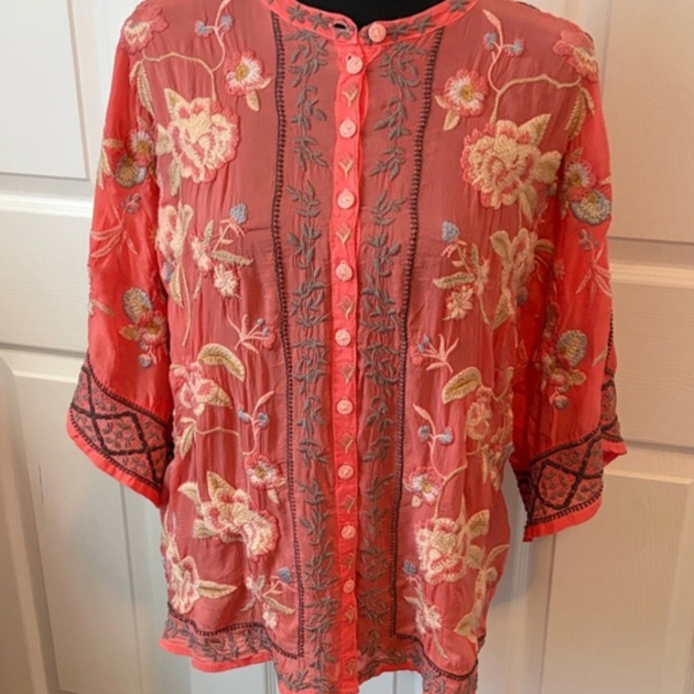 Johnny Was Coral and Gray Embroidered Top